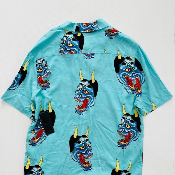 Ed Hardy Devil Face Button Down Camp Shirt Aqua - Picture 4 of 4
